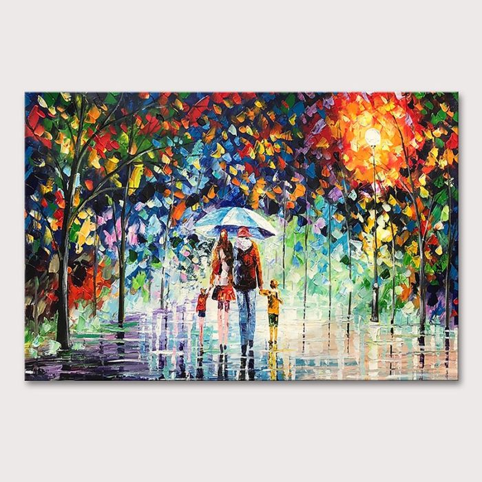Modern A Family Of Four Painting Night Rainy Park Scenery Over Sofa - Image 2