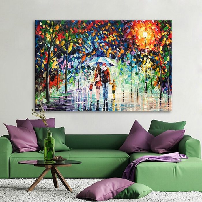 Modern A Family Of Four Painting Night Rainy Park Scenery Over Sofa - Image 6