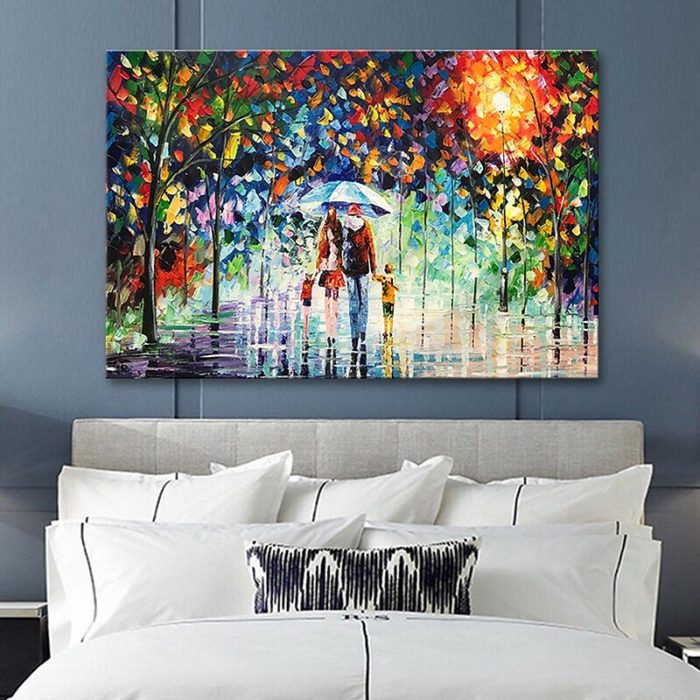 Modern A Family Of Four Painting Night Rainy Park Scenery Over Sofa - Image 7