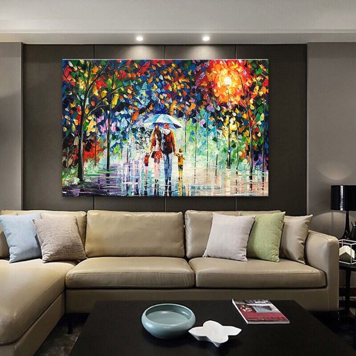 Modern A Family Of Four Painting Night Rainy Park Scenery Over Sofa