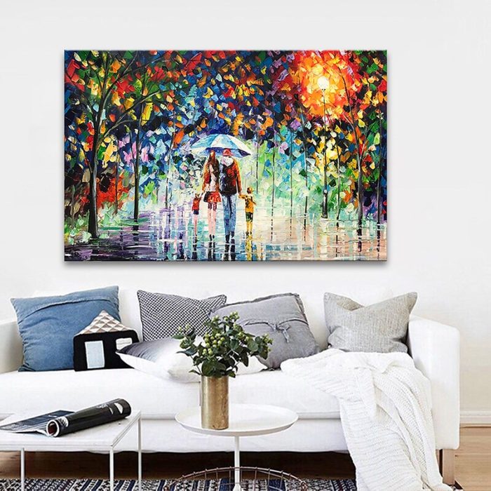 Modern A Family Of Four Painting Night Rainy Park Scenery Over Sofa - Image 8