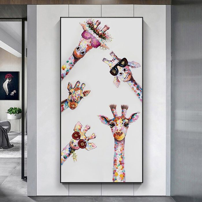Modern Giraffes Painting Animals Vertical Oil On Canvas Home Decor