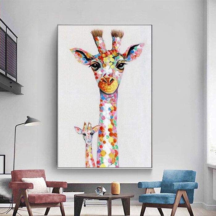 Mother And Baby Giraffe Oil Painting 3D Modern Animals Decor