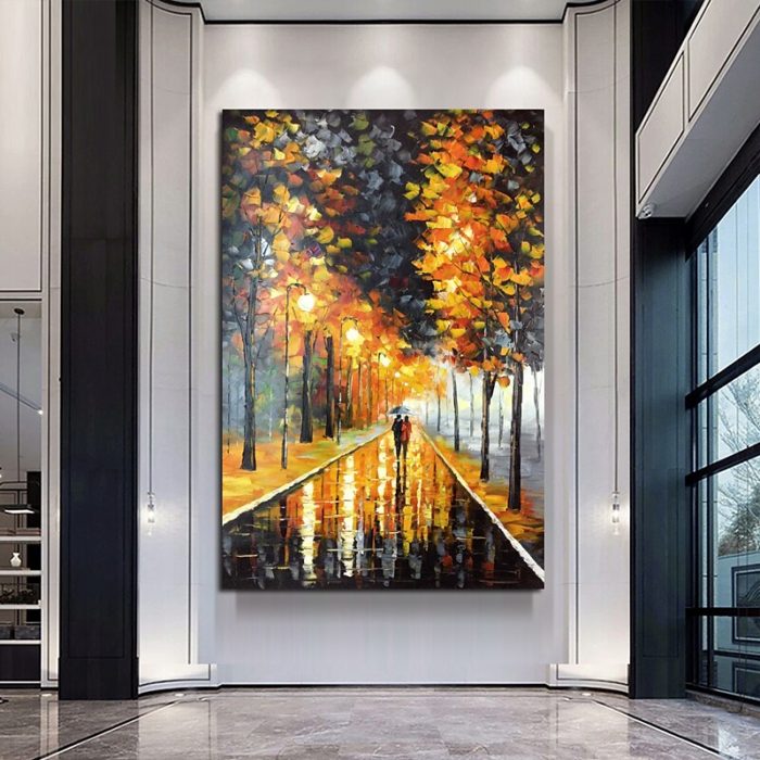 Night Rainy Streetscape Hand Painted Artwork Canvas Oil Painting