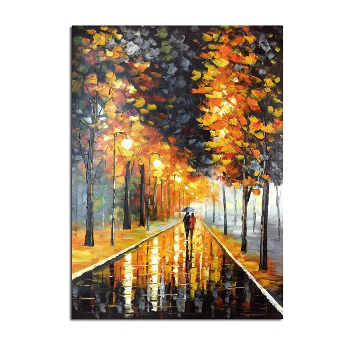 Night Rainy Streetscape Hand Painted Artwork Canvas Oil Painting - Image 2