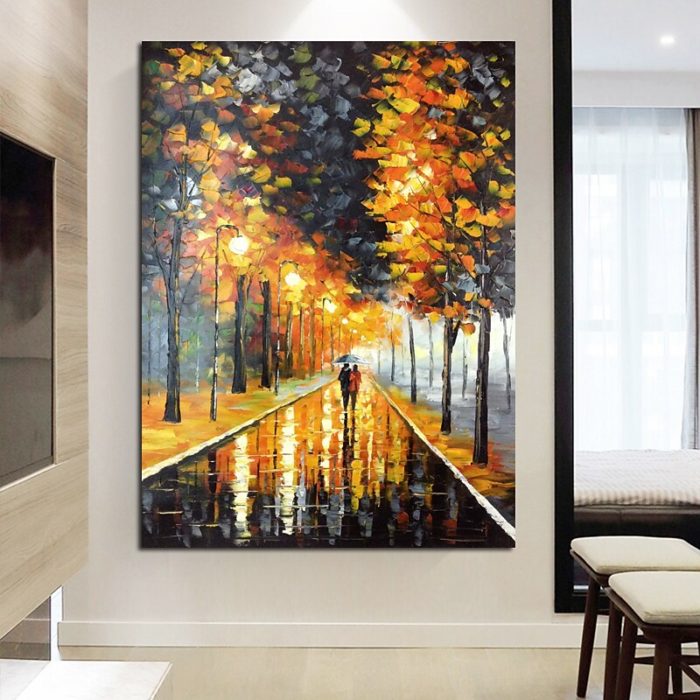 Night Rainy Streetscape Hand Painted Artwork Canvas Oil Painting - Image 3