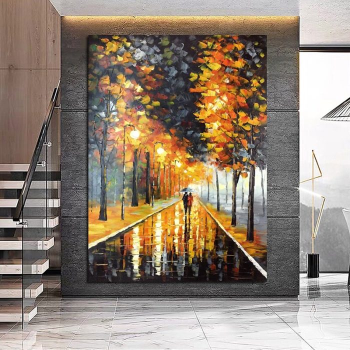 Night Rainy Streetscape Hand Painted Artwork Canvas Oil Painting - Image 4