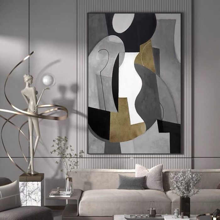 Pop Art Black Grey Gold Oil Painting On Canvas For Home Office