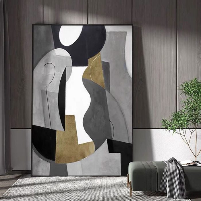Pop Art Black Grey Gold Oil Painting On Canvas For Home Office - Image 5