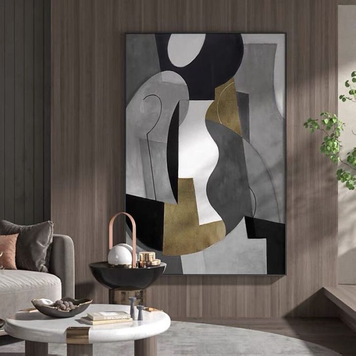 Pop Art Black Grey Gold Oil Painting On Canvas For Home Office - Image 3