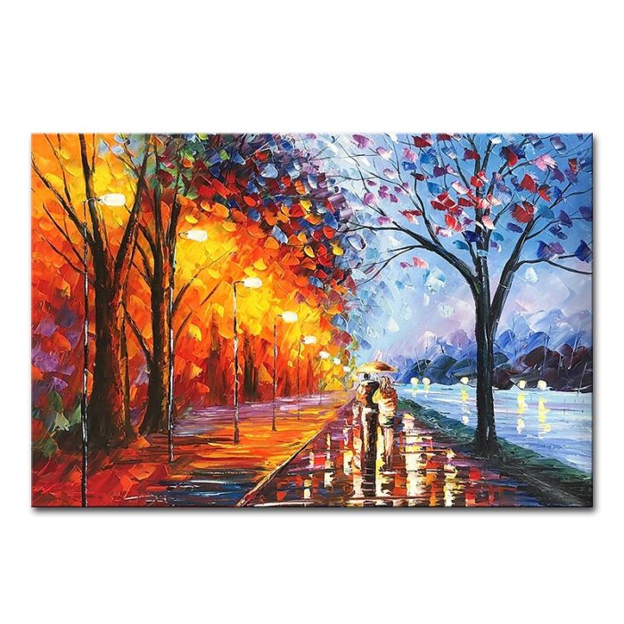 Rainy River Landscape Oil Painting Textured Tree Canvas Wall Art - Image 2