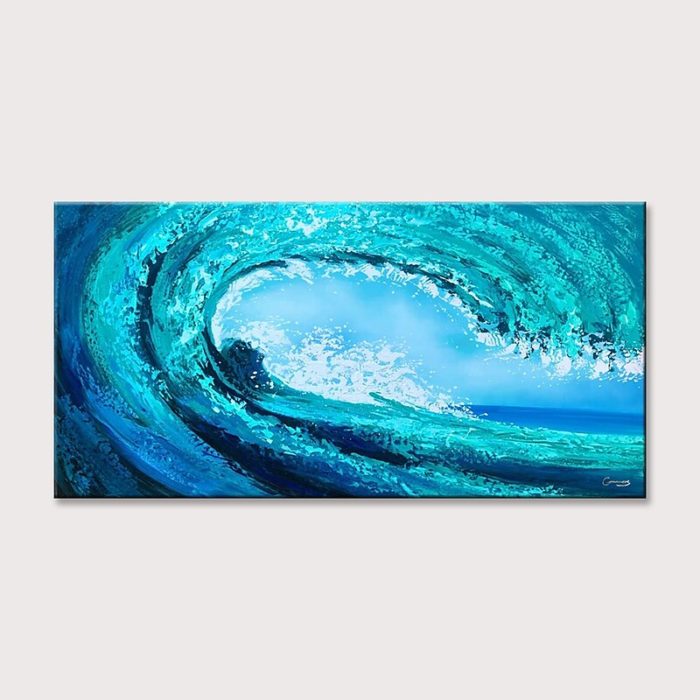 Rolling Sea Wave Painting Teal Blue Canvas Art Decor Living Room - Image 3
