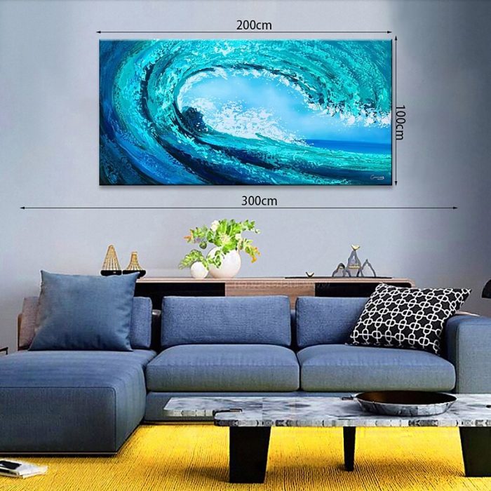 Rolling Sea Wave Painting Teal Blue Canvas Art Decor Living Room