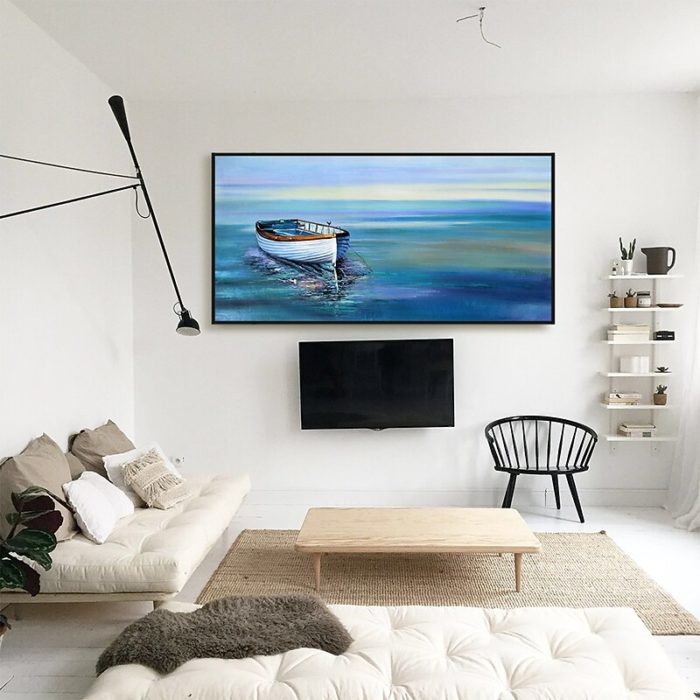 Sailboat Reflection In Sea Oil Painting Brilliant Blue Canvas Art - Image 6