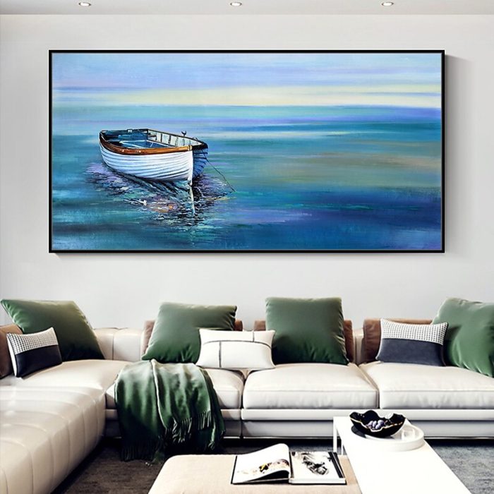 Sailboat Reflection In Sea Oil Painting Brilliant Blue Canvas Art