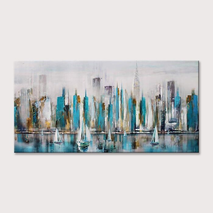 Teal Grey City Scenery 3D Oil Painting Seascape Landscape Wall Art - Image 2