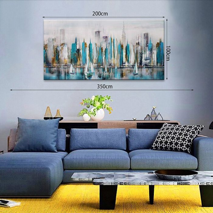 Teal Grey City Scenery 3D Oil Painting Seascape Landscape Wall Art