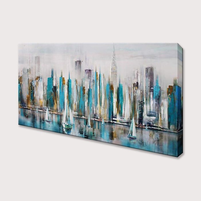 Teal Grey City Scenery 3D Oil Painting Seascape Landscape Wall Art - Image 4