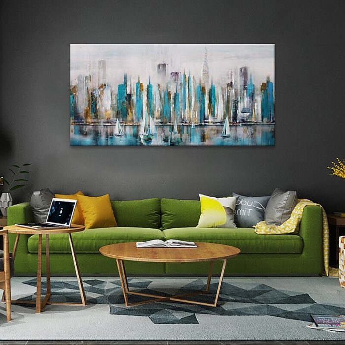 Teal Grey City Scenery 3D Oil Painting Seascape Landscape Wall Art - Image 5