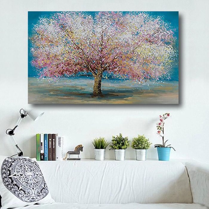 Tree of Life Wall Art Deco Blue Pink Canvas Painting Hang Up Sofa - Image 6