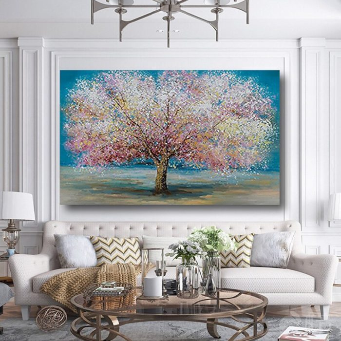 Tree of Life Wall Art Deco Blue Pink Canvas Painting Hang Up Sofa - Image 5