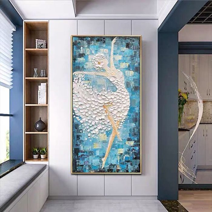 White Ballerina Oil Painting On Canvas Blue Texture Wall Art - Image 5