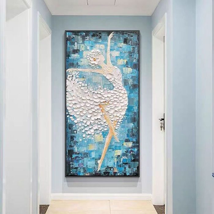 White Ballerina Oil Painting On Canvas Blue Texture Wall Art - Image 4