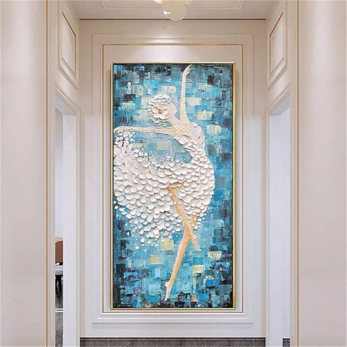 White Ballerina Oil Painting On Canvas Blue Texture Wall Art - Image 6