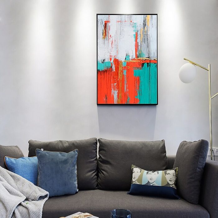 White Orange Teal Abstract Painting Textured Oil On Canvas Decor - Image 6