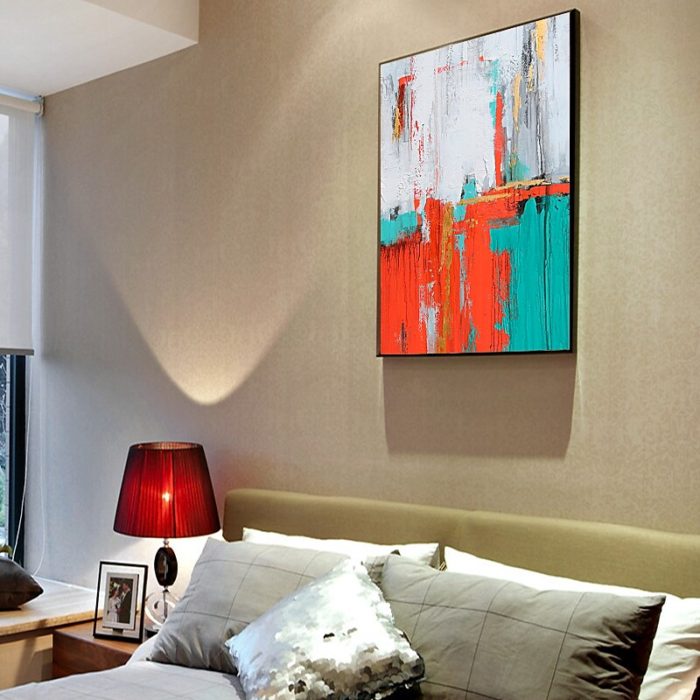 White Orange Teal Abstract Painting Textured Oil On Canvas Decor - Image 7