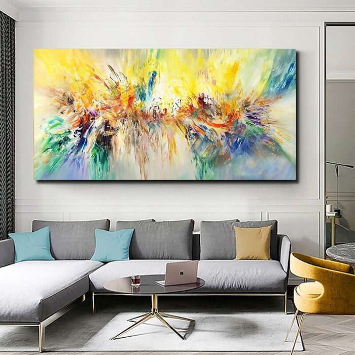 Yellow Abstract Oil Painting Contemporary Handmade Art Deco Sofa - Image 4