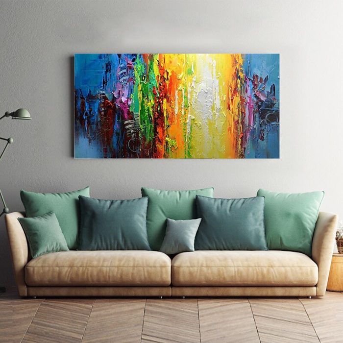 Yellow Blue Wall Art Handmade Texture Oil Painting Decor Sofa - Image 5