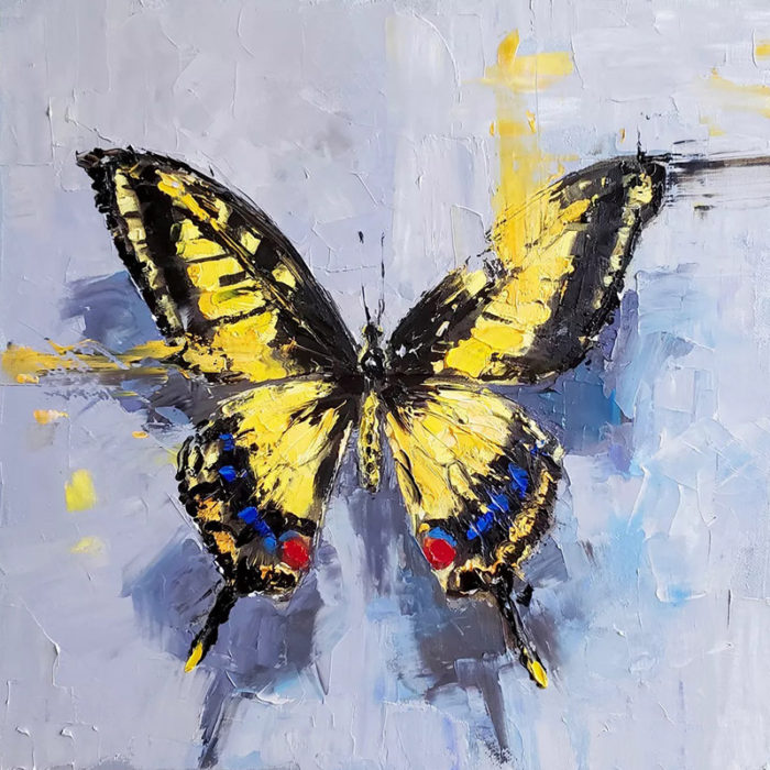 Hand Painted Yellow Butterfly Oil Painting Canvas Home Office Decor - Image 2