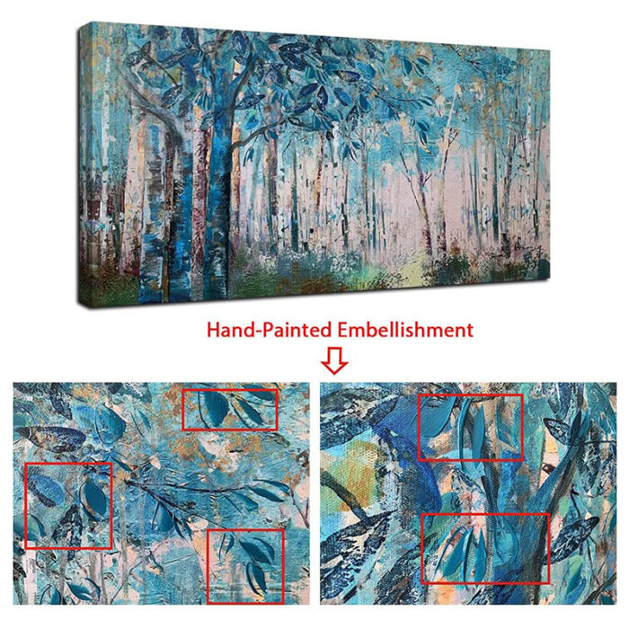 Hand Painted Aspen Oil Painting Teal Trees Forest Home Decor - Image 3