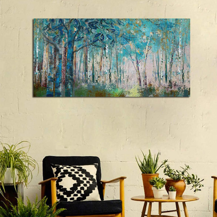 Hand Painted Aspen Oil Painting Teal Trees Forest Home Decor - Image 5