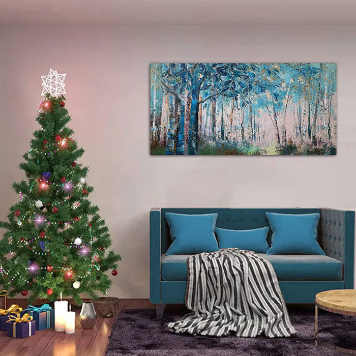 Hand Painted Aspen Oil Painting Teal Trees Forest Home Decor