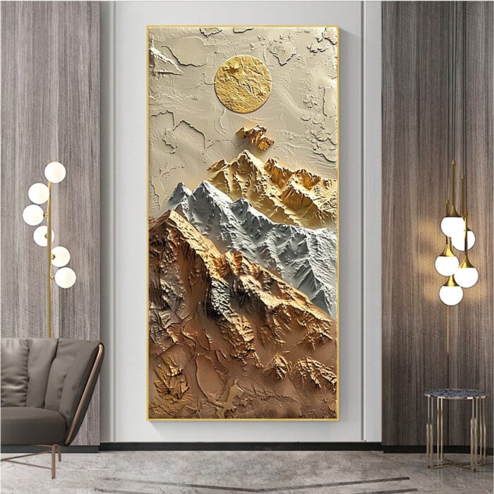3D Mountain Canvas Painting Vertical Gold Sliver Mountains Landscape Painting on Canvas Decor Living Room