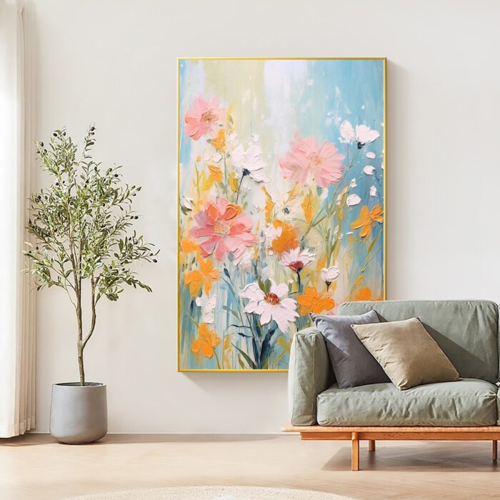 Abstract Flower Painting on Canvas Modern Floral Pink White Flowers Wall Art Vertical Textured Artwork for Living Room - Image 6