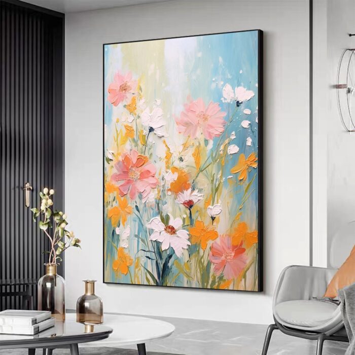 Abstract Flower Painting on Canvas Modern Floral Pink White Flowers Wall Art Vertical Textured Artwork for Living Room - Image 9