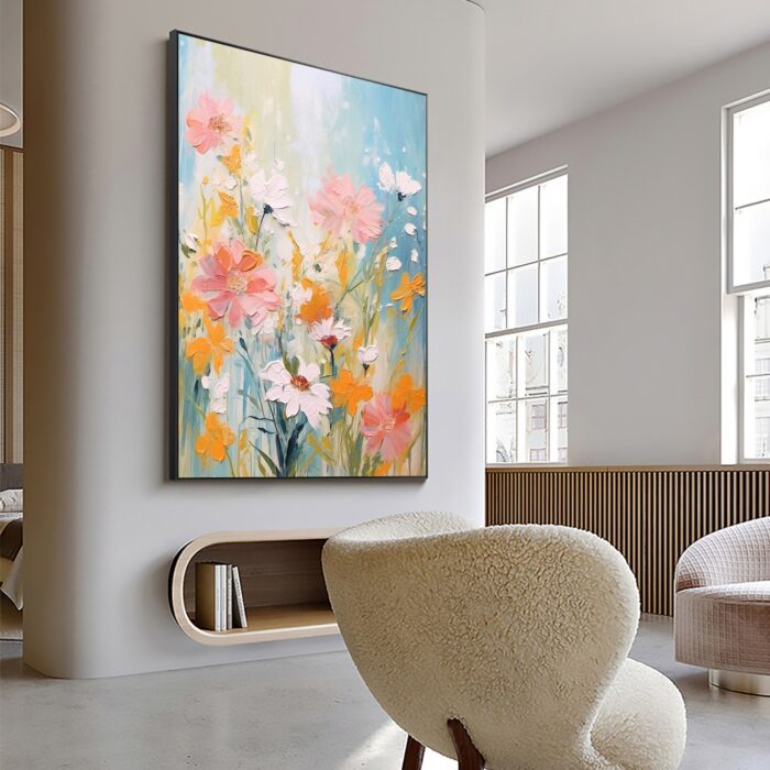 Abstract Flower Painting on Canvas Modern Floral Pink White Flowers Wall Art Vertical Textured Artwork for Living Room - Image 8