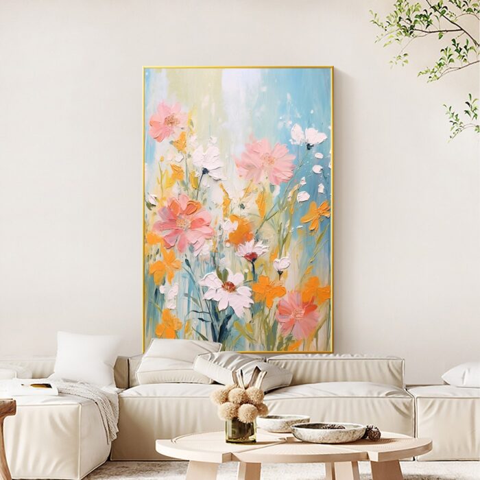 Abstract Flower Painting on Canvas Modern Floral Pink White Flowers Wall Art Vertical Textured Artwork for Living Room - Image 7