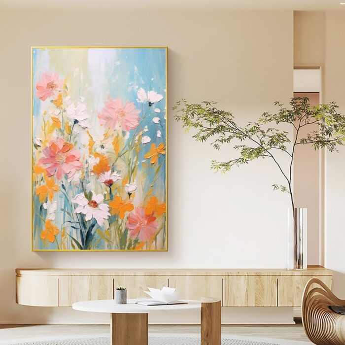 Abstract Flower Painting on Canvas Modern Floral Pink White Flowers Wall Art Vertical Textured Artwork for Living Room - Image 5
