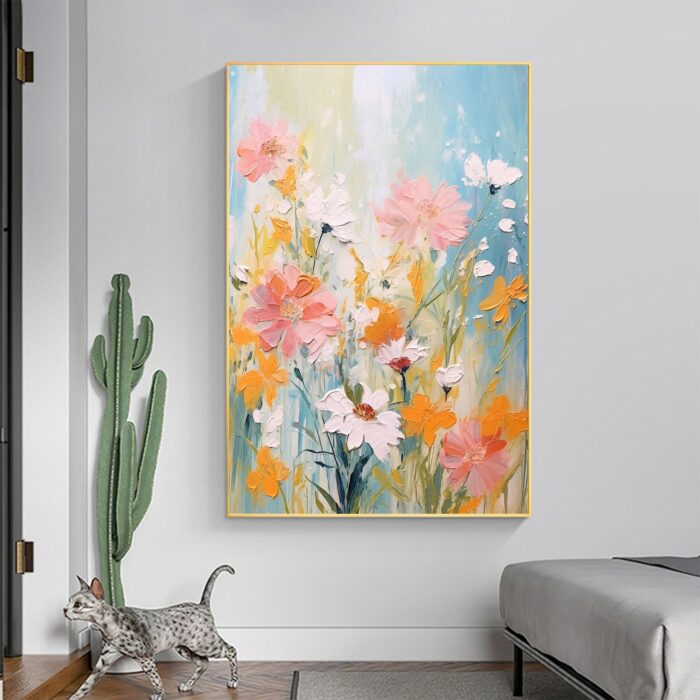 Abstract Flower Painting on Canvas Modern Floral Pink White Flowers Wall Art Vertical Textured Artwork for Living Room - Image 4
