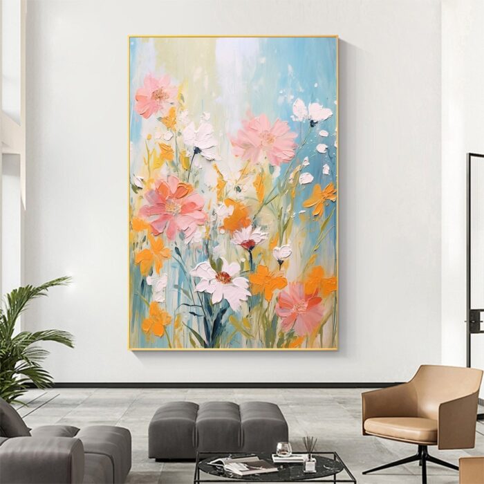 Abstract Flower Painting on Canvas Modern Floral Pink White Flowers Wall Art Vertical Textured Artwork for Living Room