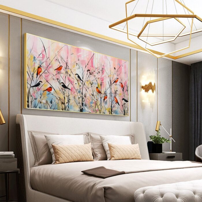 Colorful Birds On The Branch Painting Canvas Abstract Singing Birds Wall Art Standing Birds on Branches Canvas For Home Office Decor - Image 8