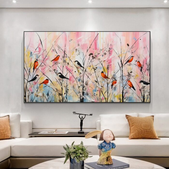 Colorful Birds On The Branch Painting Canvas Abstract Singing Birds Wall Art Standing Birds on Branches Canvas For Home Office Decor - Image 5