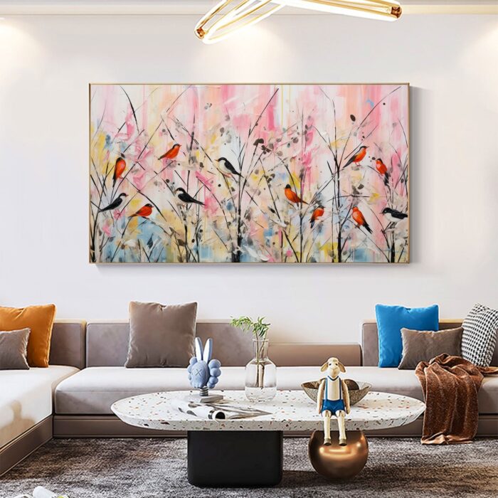 Colorful Birds On The Branch Painting Canvas Abstract Singing Birds Wall Art Standing Birds on Branches Canvas For Home Office Decor