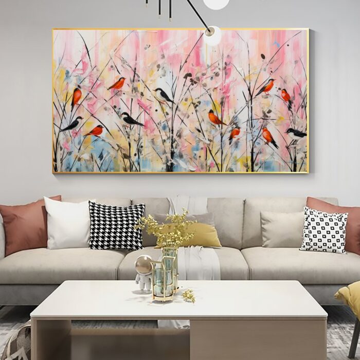 Colorful Birds On The Branch Painting Canvas Abstract Singing Birds Wall Art Standing Birds on Branches Canvas For Home Office Decor - Image 4