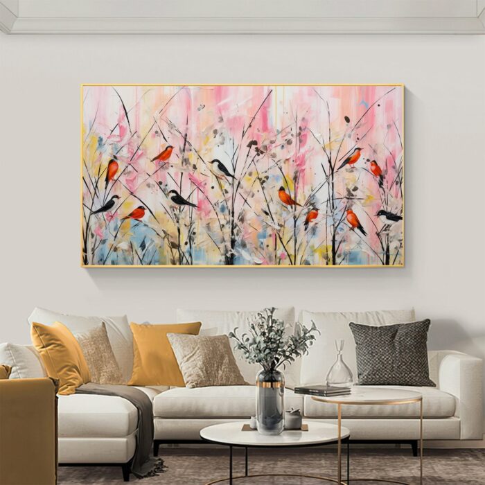 Colorful Birds On The Branch Painting Canvas Abstract Singing Birds Wall Art Standing Birds on Branches Canvas For Home Office Decor - Image 3
