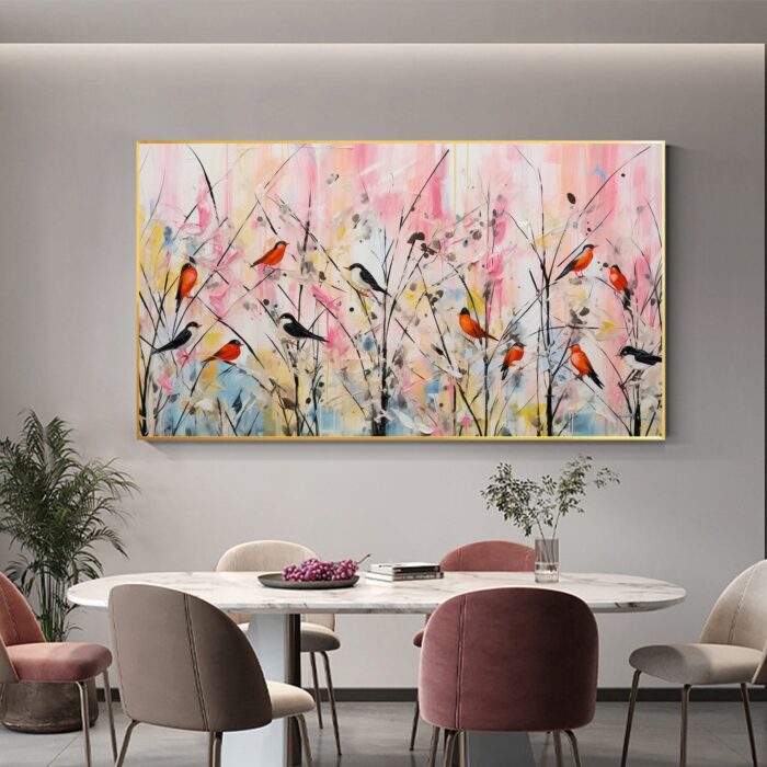 Colorful Birds On The Branch Painting Canvas Abstract Singing Birds Wall Art Standing Birds on Branches Canvas For Home Office Decor - Image 7